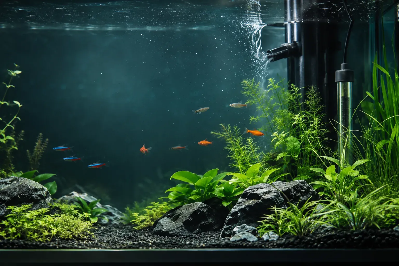 Modern planted aquarium with filter outlet and heater